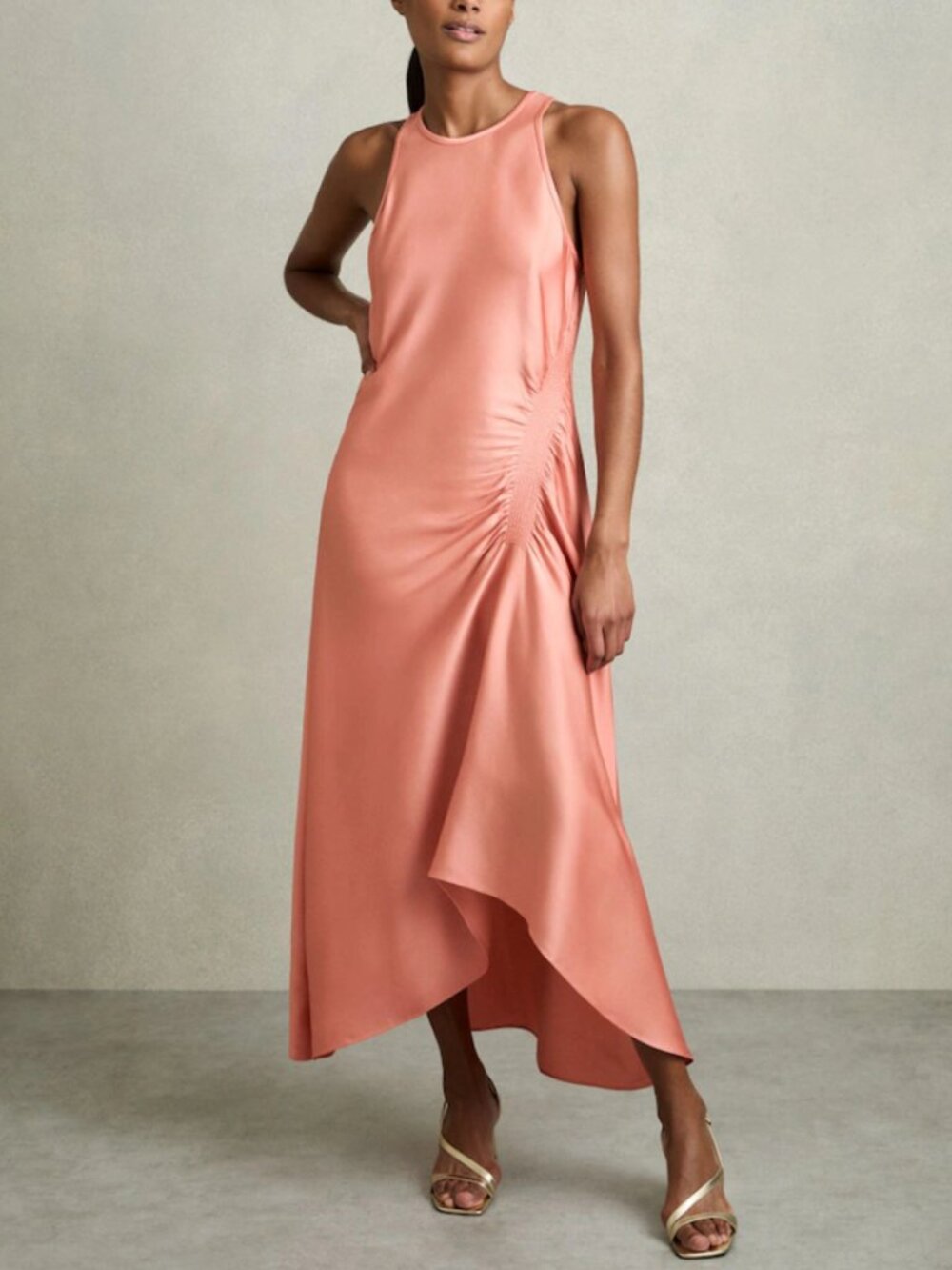 REISS Anessa Satin Shirred Midi Dress Coral Blush Wedding Party